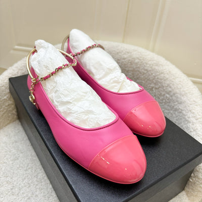 Chanel Ballerina Pumps in Hot Pink Lambskin and Patent Leather with Chanel Logo Dangling Charm Sz 36