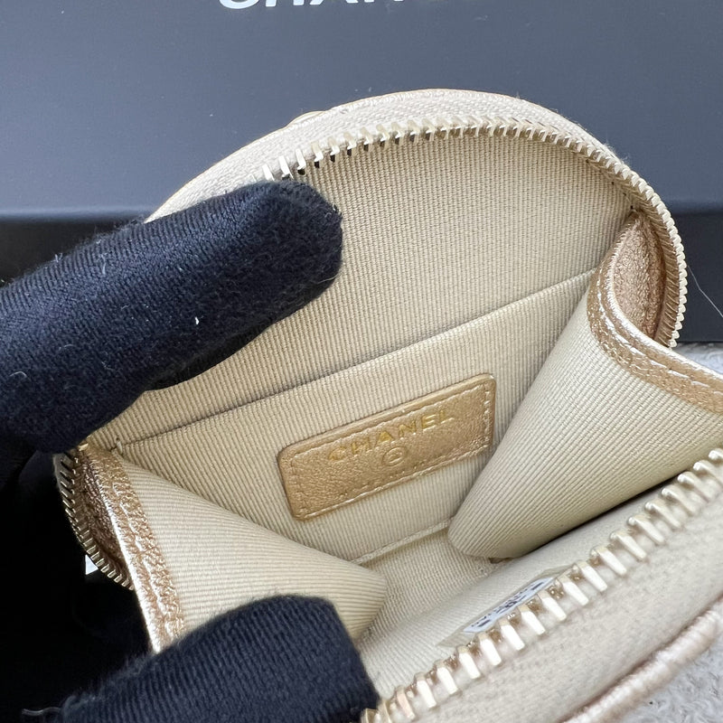 Chanel 2024 VIP Gift Round Pouch and Airpods Holder Bag Charm in Metallic Gold Lambskin and LGHW
