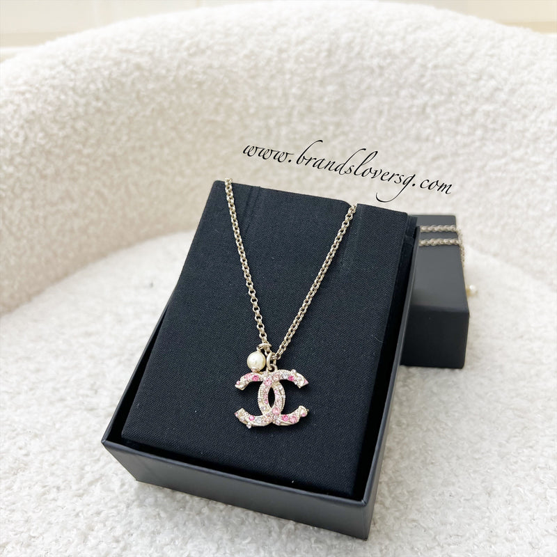 Chanel 19S CC Logo Necklace with Pink and White Crystals in AGHW