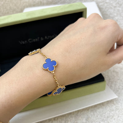 Van Cleef & Arpels VCA Vintage Alhambra 5 Motifs Bracelet with Blue Agate in 18K Yellow Gold (Ref: VCARP34900)