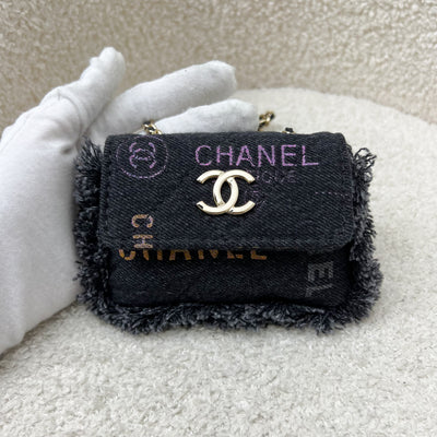 Chanel 22P Waist Bag / Clutch on Chain in Black Printed Denim and GHW