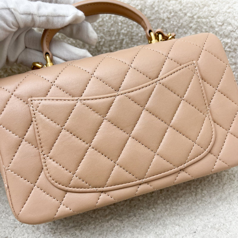 Chanel Top Handle Mini Rectangle Flap in 21A Rose Beige Lambskin in AGHW