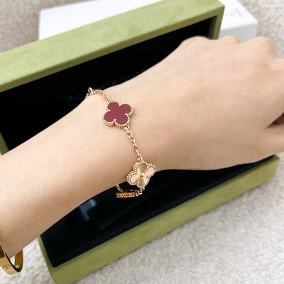 Van Cleef & Arpels VCA Vintage Alhambra 5 Motifs Guilloché Bracelet with Carnelian in 18K Rose Gold (Shortened, with Extra Links)