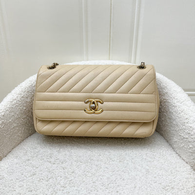 Chanel Seasonal Medium Flap in Diagonal Quilted Beige Grained Calfskin and AGHW