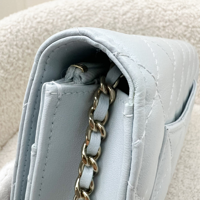 Chanel 24P Wallet on Chain with Pearl CC Logo in Baby Blue Glossy Lambskin and LGHW