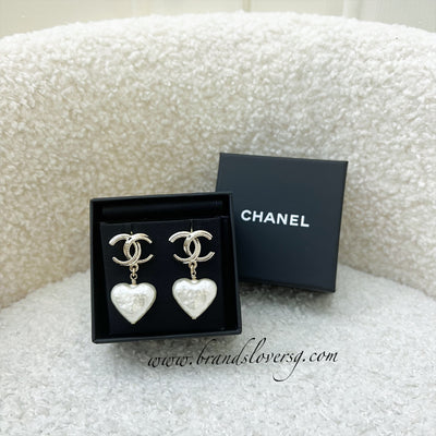 Chanel CC Logo Dangling Earrings in LGHW with Heart Pearl