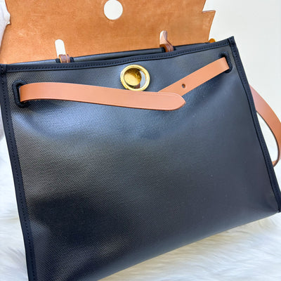 Hermes Herbag Zip 31 in Noir and Ecru / Noir Canvas, Fauve Leather and GHW