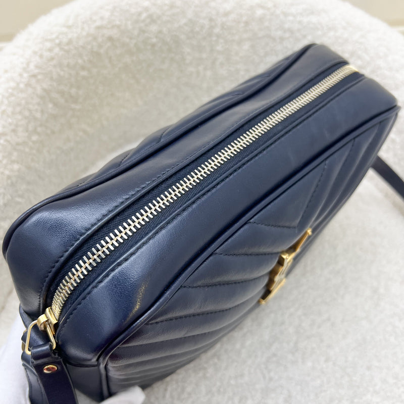 Saint Laurent YSL Lou Camera Bag in Chevron Quilted Navy Calfskin and GHW