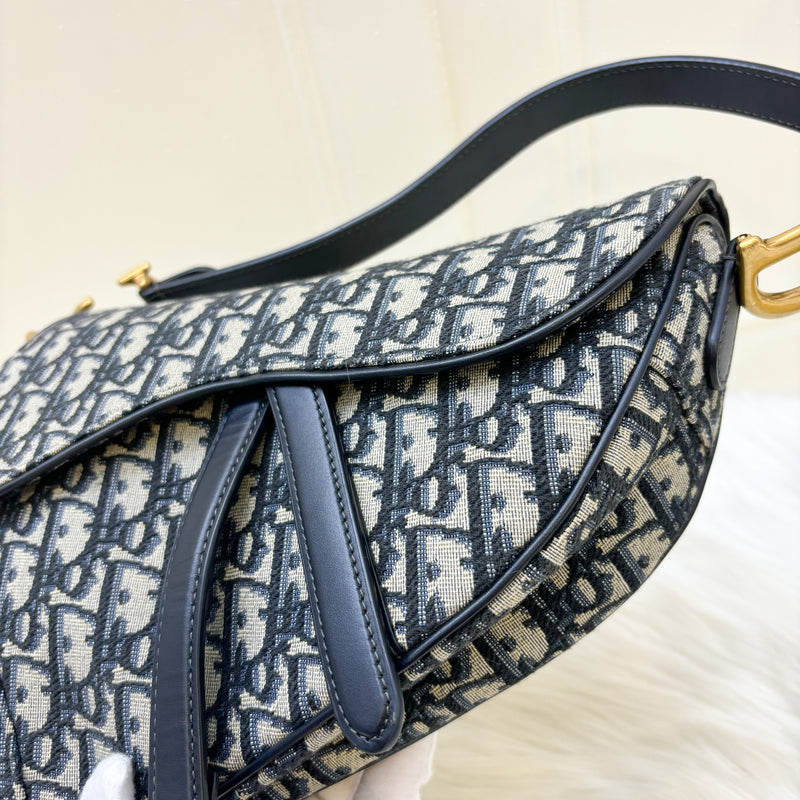 Dior Medium Saddle Bag in Navy Oblique Canvas and AGHW (With Strap)