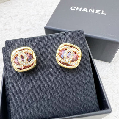 Chanel Pink Square Resin and Crystals CC Logo Earrings in GHW