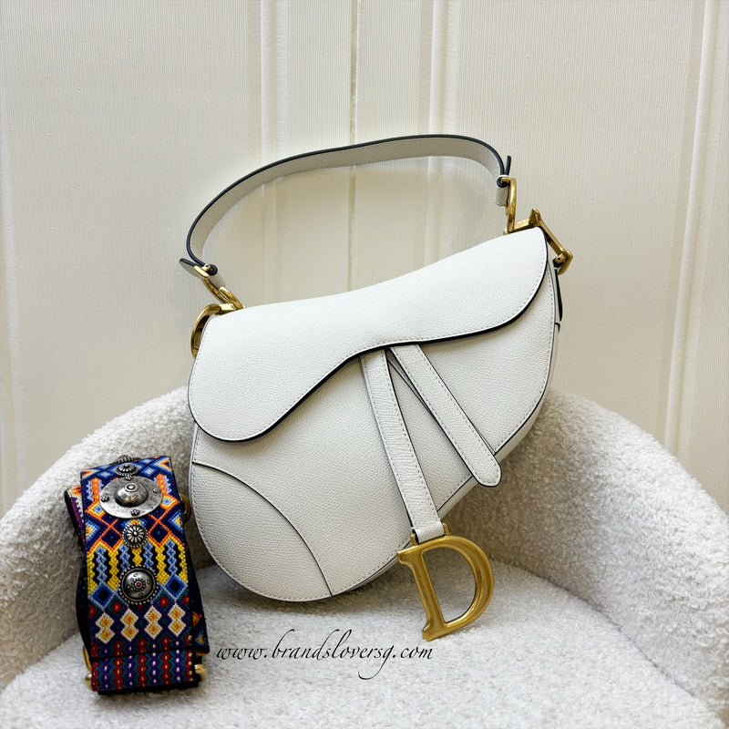 Dior Medium Saddle Bag in White Grained Calfskin and AGHW + Guitar Strap