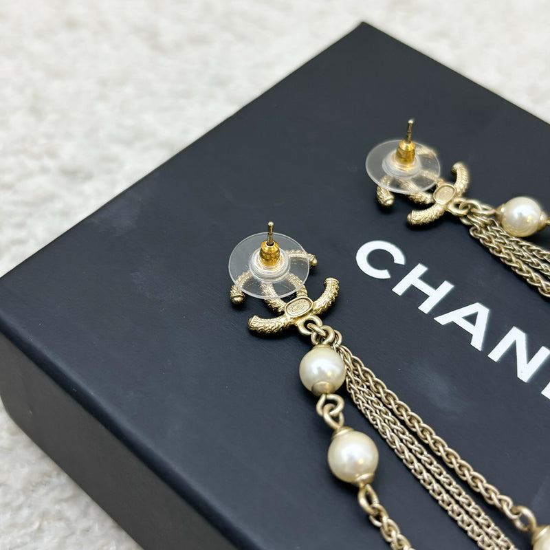 Chanel CC Logo Long Dangling Earrings with Pearls in AGHW