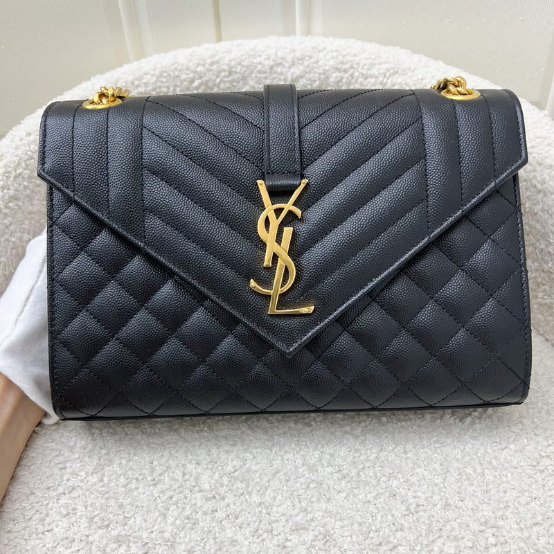 Saint Laurent YSL Medium Envelope Bag in Black Grained Leather and GHW