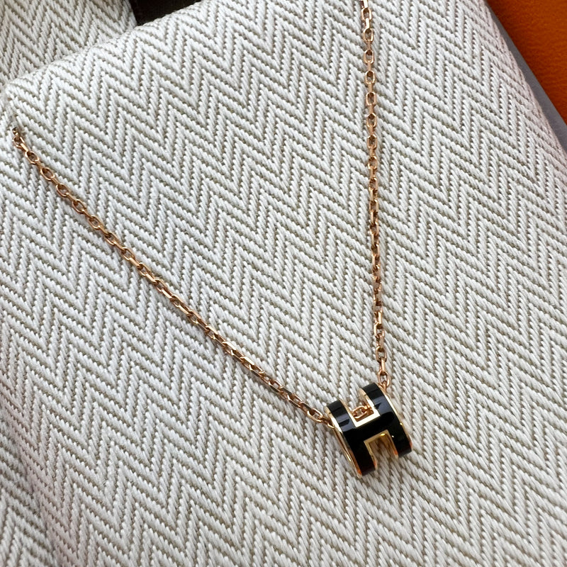 Hermes Mini Pop H Pendant Necklace in Noir Black Enamel RGHW