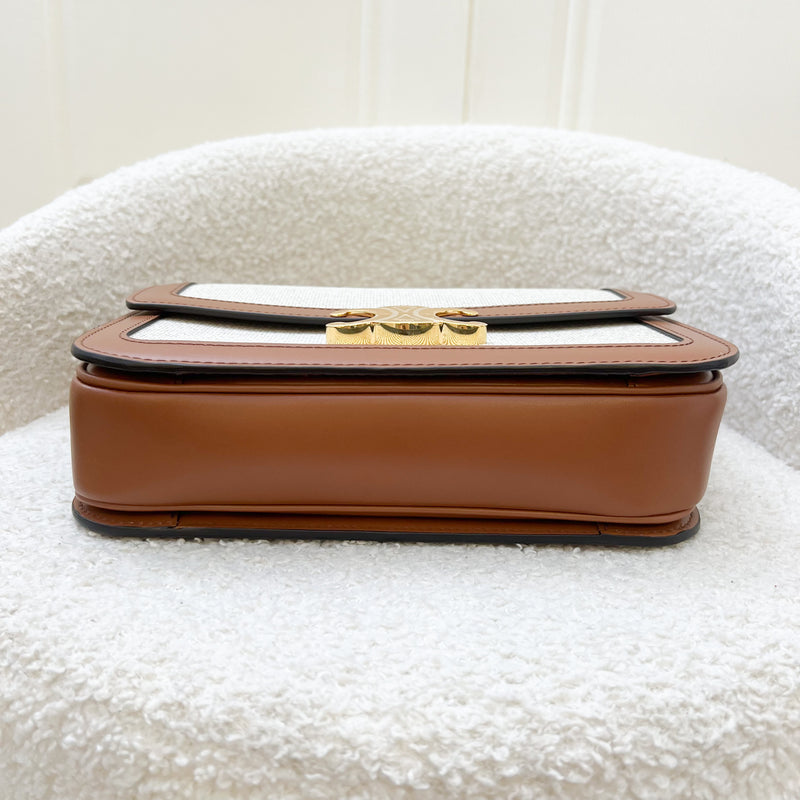 Celine Classique Triomphe Bag in Natural Textile and Tan Calfskin and GHW