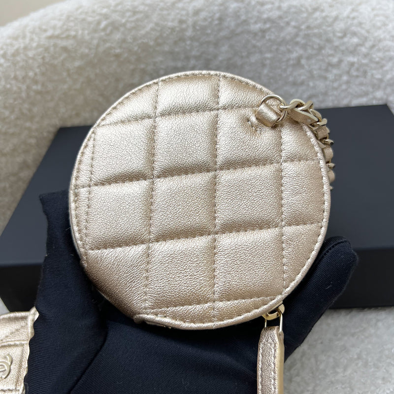 Chanel 2024 VIP Gift Round Pouch and Airpods Holder Bag Charm in Metallic Gold Lambskin and LGHW