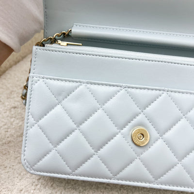 Chanel 24P Wallet on Chain with Pearl CC Logo in Baby Blue Glossy Lambskin and LGHW