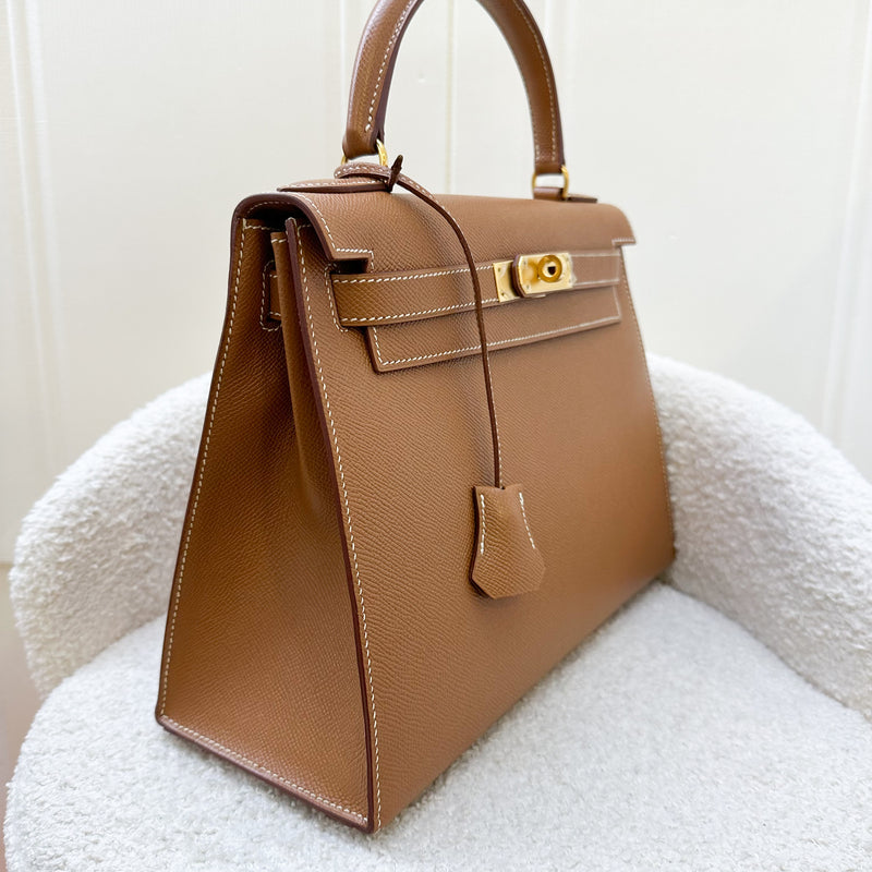 Hermes Vintage Kelly 28 Sellier in Gold Courcheval / Epsom Leather and GHW