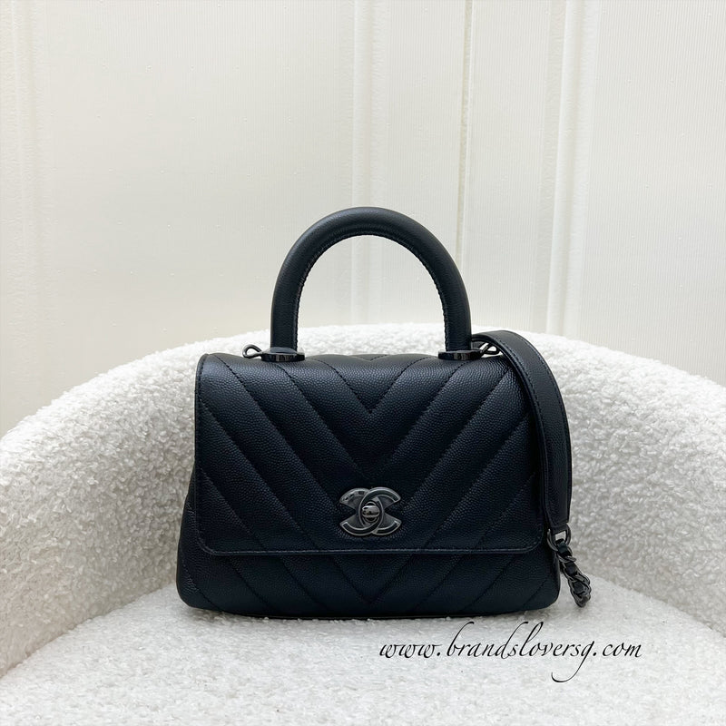 Chanel Mini 19cm So Black Coco Handle Flap in Chevron Black Caviar and Black HW