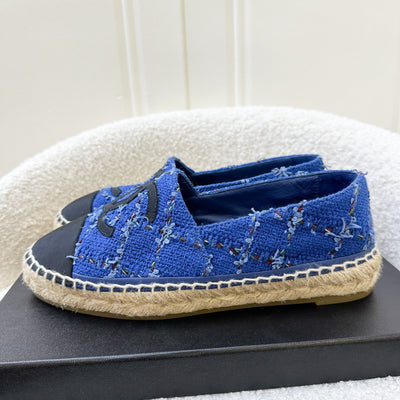 Chanel Espadrilles in Blue Tweed and Black Gosgrain Sz 37