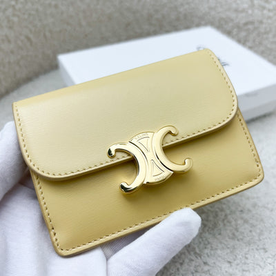 Celine Triomphe Card Holder in Light Yellow Calfskin and GHW