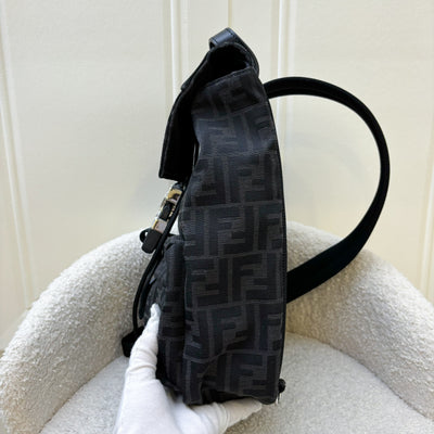 Fendi Fendiness Medium Backpack with Buckle in FF Jacquard Fabric, Black Calf Leather Trim and SHW