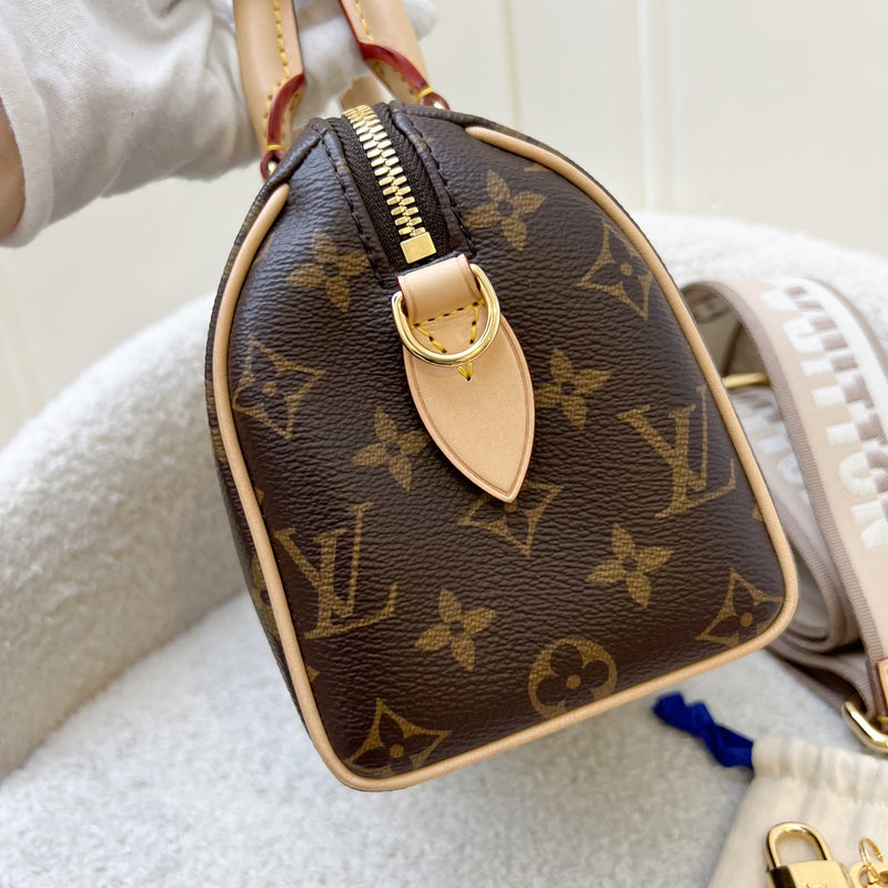 LV Speedy Bandouliere 20 in Monogram Canvas and Adjustable Beige Patterned Strap