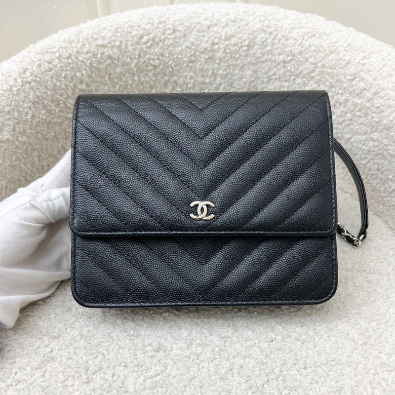 Chanel Square Wallet on Chain WOC in Chevron Quilted Black Caviar and LGHW