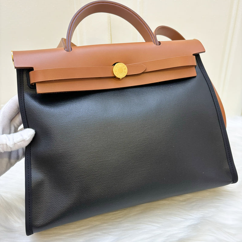 Hermes Herbag Zip 31 in Noir and Ecru / Noir Canvas, Fauve Leather and GHW