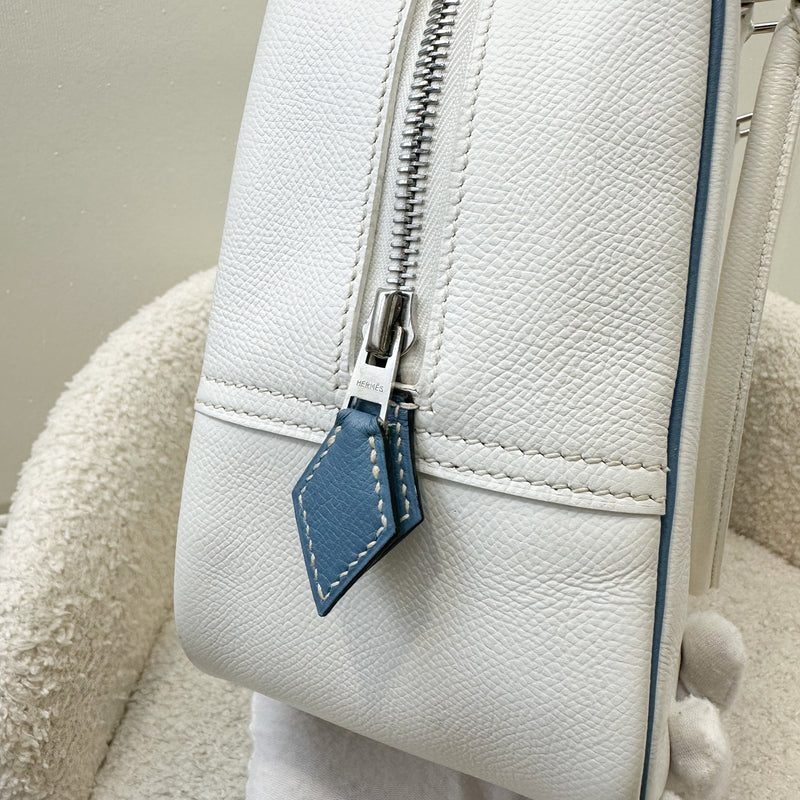 Hermes Vintage Plume 28 White Epsom Leather, Blue Trim and PHW