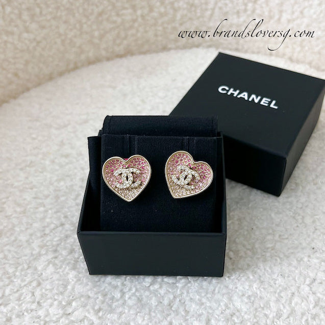 CHANEL Pearl Resin Crystal CC Heart Drop Earrings Pink Gold 933407