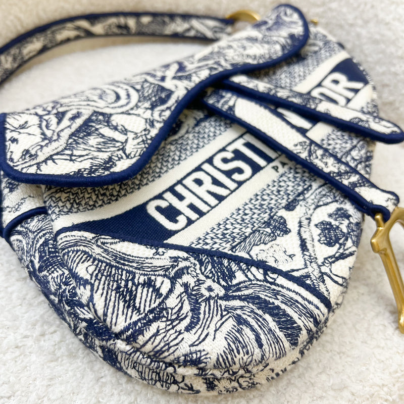 Dior Medium Saddle Bag in Dark Blue Toile De Jouy Canvas and AGHW