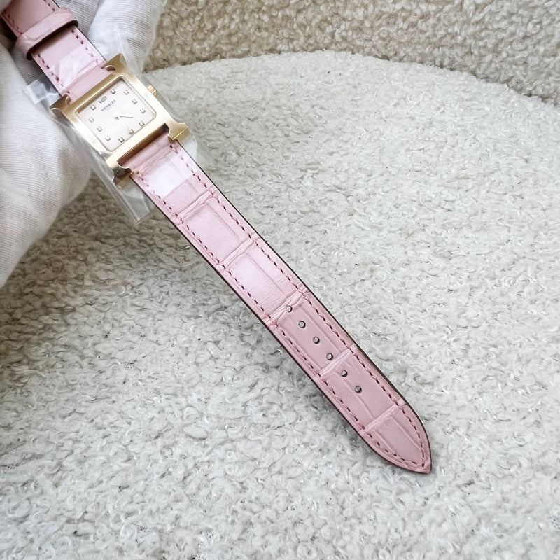 Hermes Heure H PM Watch with Diamond Markers and Rose Pale Alligator Strap