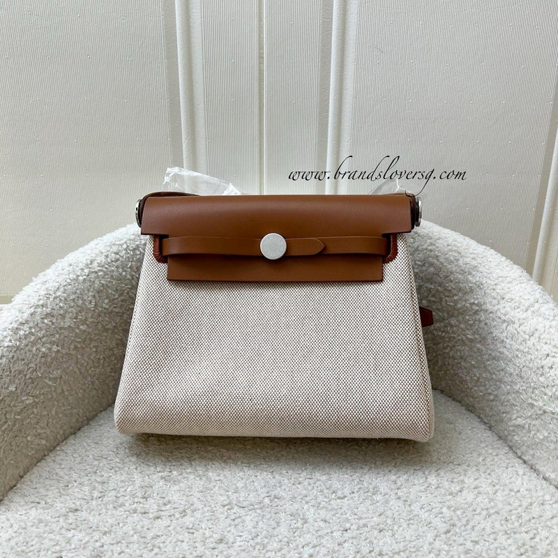 Hermes Mini Herbag Retourne in Ecru-Beige Canvas, Fauve Leather and PHW