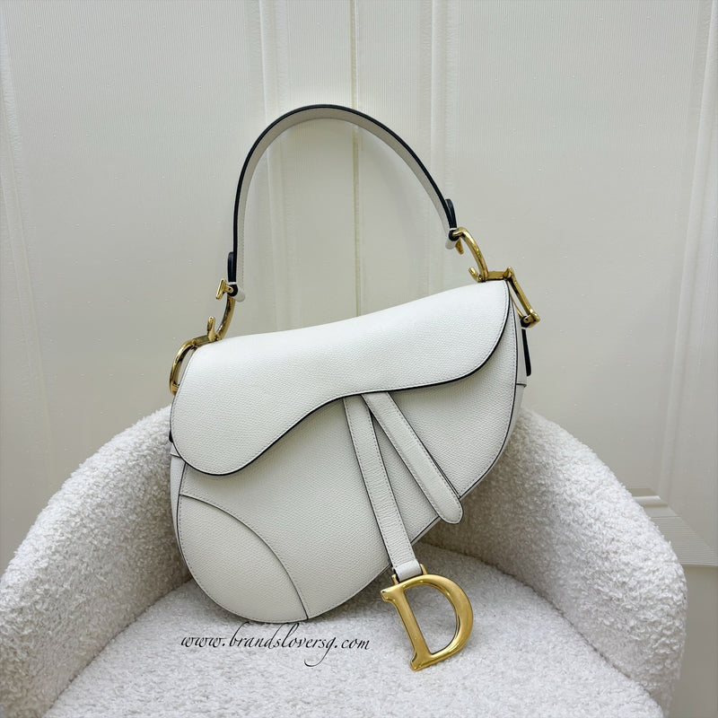 Dior Medium Saddle Bag in White Grained Calfskin and AGHW