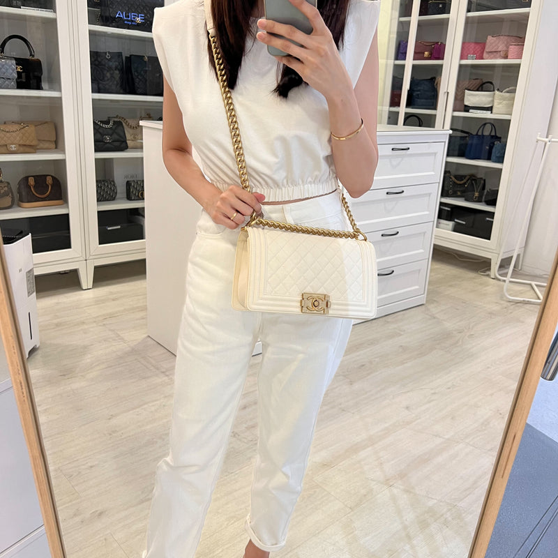 Chanel Medium 25cm Boy Flap in Ivory White Caviar AGHW