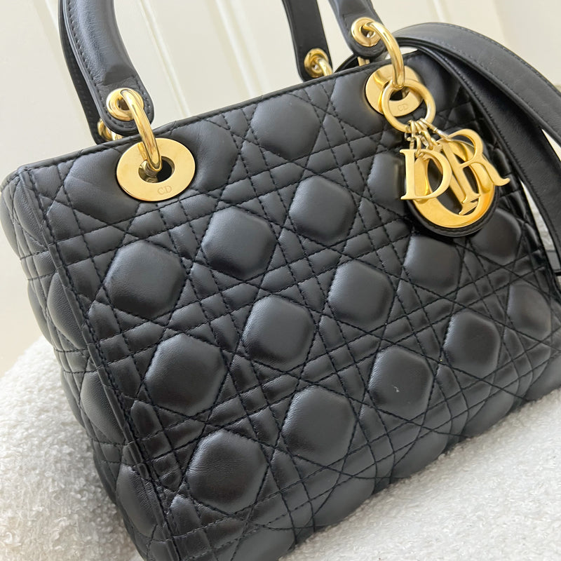 Dior Medium Lady Dior in Black Lambskin and GHW (Newer Version with Adjustable Strap)