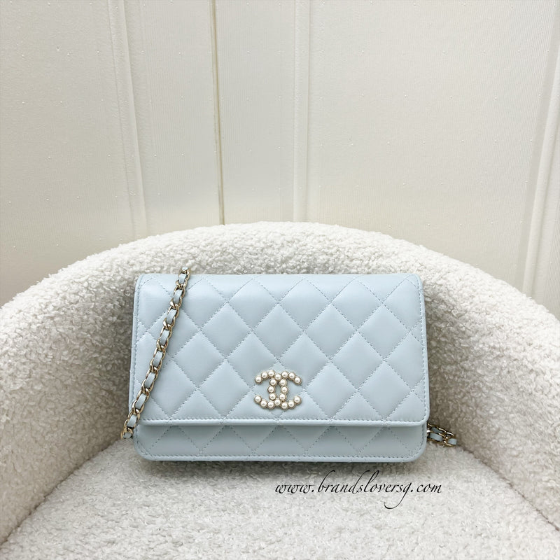 Chanel 24P Wallet on Chain with Pearl CC Logo in Baby Blue Glossy Lambskin and LGHW