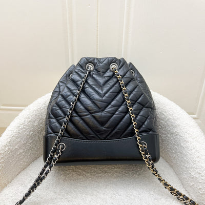 Chanel Gabrielle Small Backpack in Chevron Black Distressed Leather, Black Base and 3-tone HW