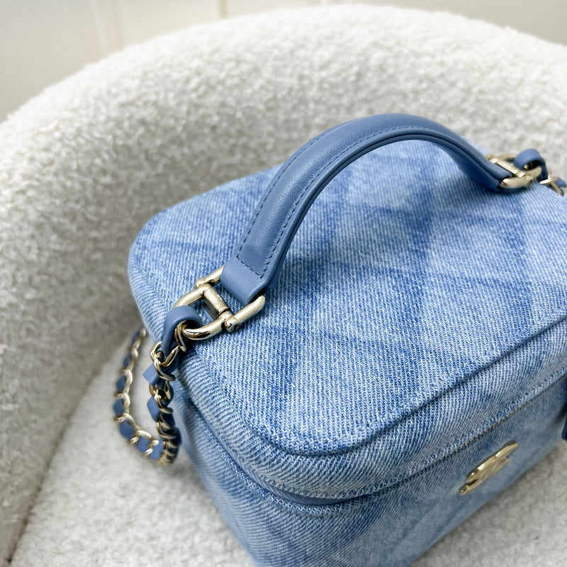 Chanel 22B Cheer for Chanel Vanity Case with Top Handle in Light Blue Denim Fabric and AGHW