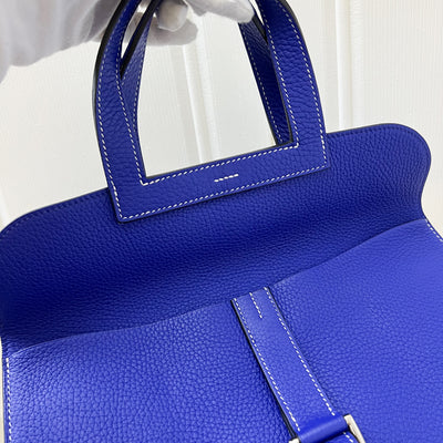 Hermes Halzan 31 in Bleu Electrique Clemence Leather and PHW