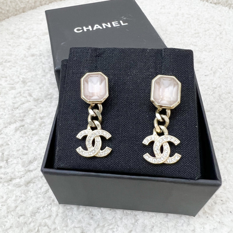 Chanel 22B Lilac Resin with Dangling Crystals Logo Earrings in AGHW