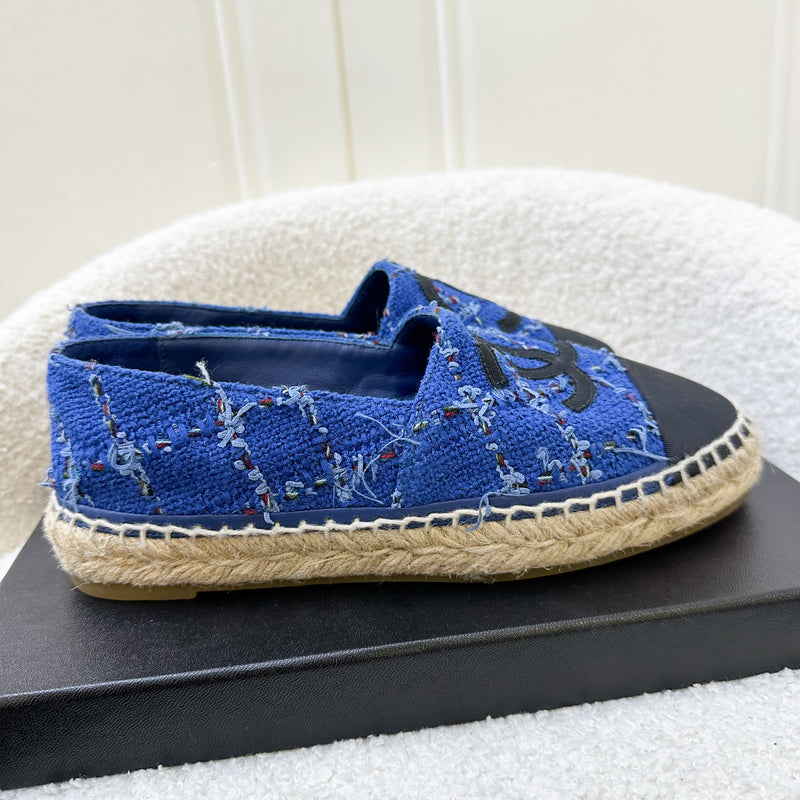 Chanel Espadrilles in Blue Tweed and Black Gosgrain Sz 37