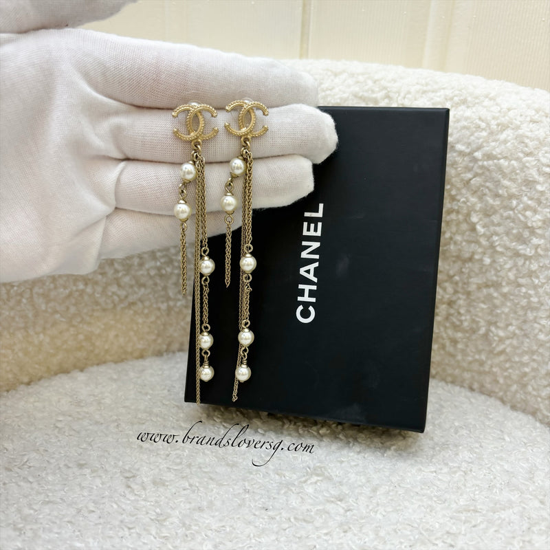 Chanel CC Logo Long Dangling Earrings with Pearls in AGHW