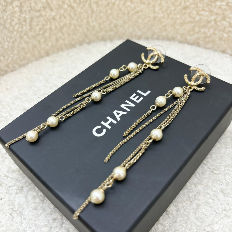 Chanel CC Logo Long Dangling Earrings with Pearls in AGHW