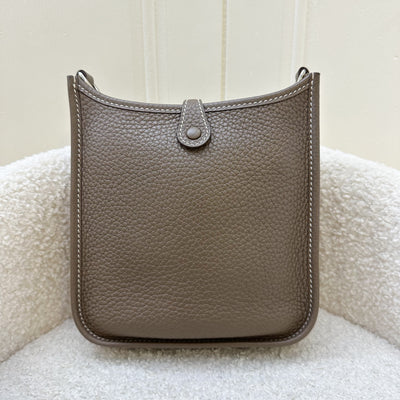 Hermes Mini Evelyne 16 TPM in Etoupe Clemence Leather with Bleu Indigo Strap and PHW