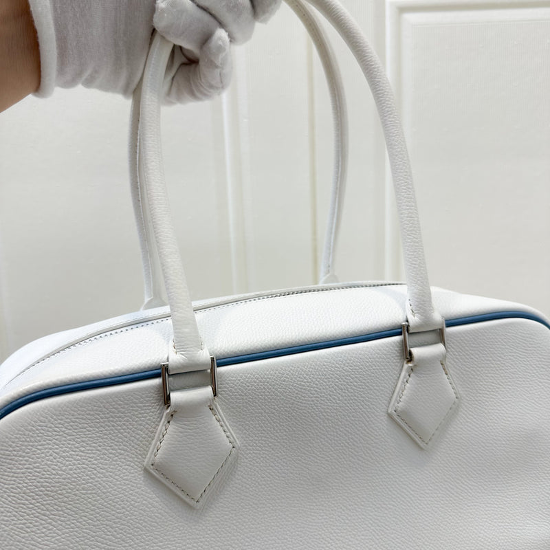 Hermes Vintage Plume 28 White Epsom Leather, Blue Trim and PHW