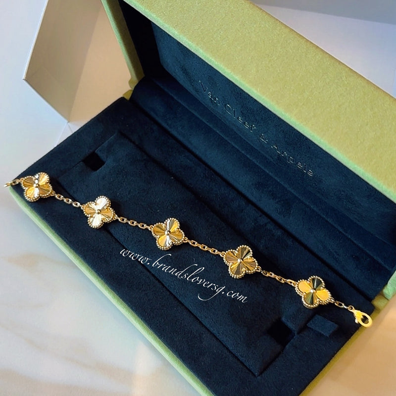 Van Cleef & Arpels VCA Vintage Alhambra 5 Motifs Guilloché Bracelet in 18K Yellow Gold