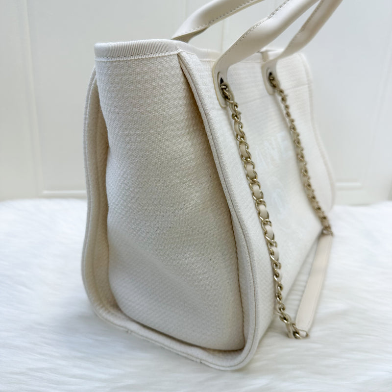 Chanel Small / Medium Deauville Shopping Tote in 23C Cream Beige Fabric and LGHW