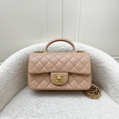 Chanel Top Handle Mini Rectangle Flap in 21A Rose Beige Lambskin in AGHW